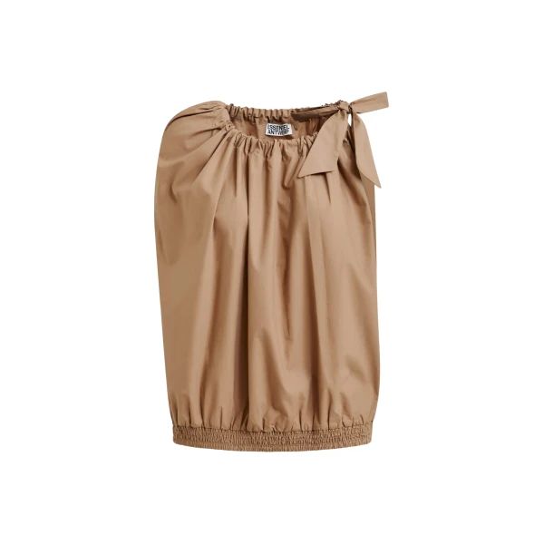 Brown asymmetric top with neck-tie ribbon
