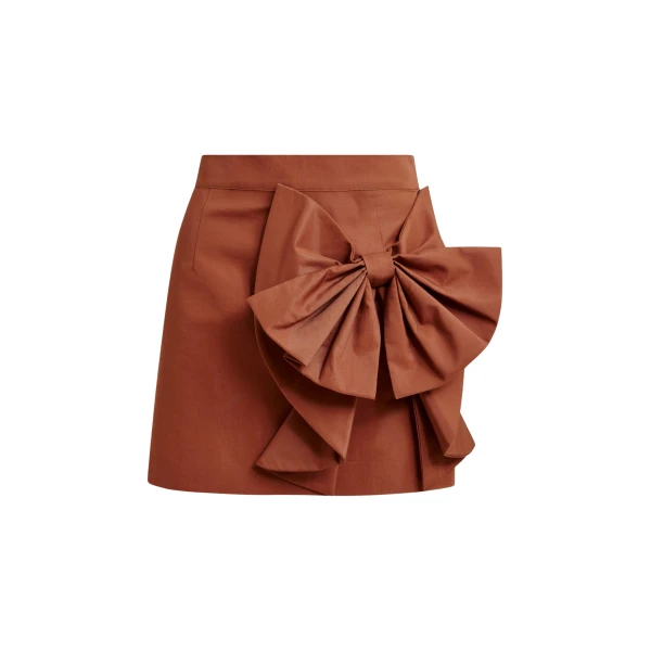 Brown cotton-blend mini skirt with appliquéd bow