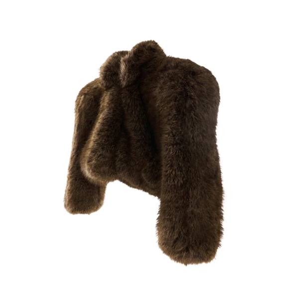 Brown cropped faux-fur jacket with sculpted raglan sleeves