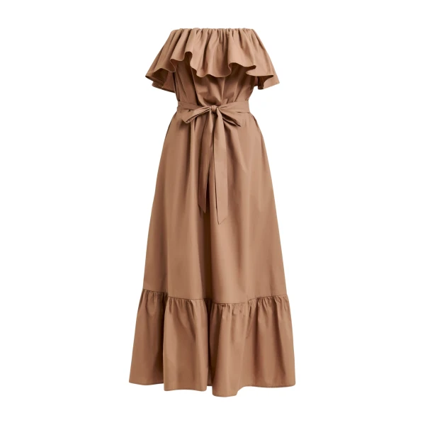 Brown strapless cotton maxi dress with ruffles
