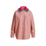 Burned orange and off-white striped cotton shirt with crochet ruffled collar