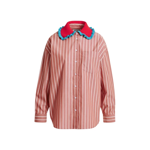 Burned orange and off-white striped cotton shirt with crochet ruffled collar