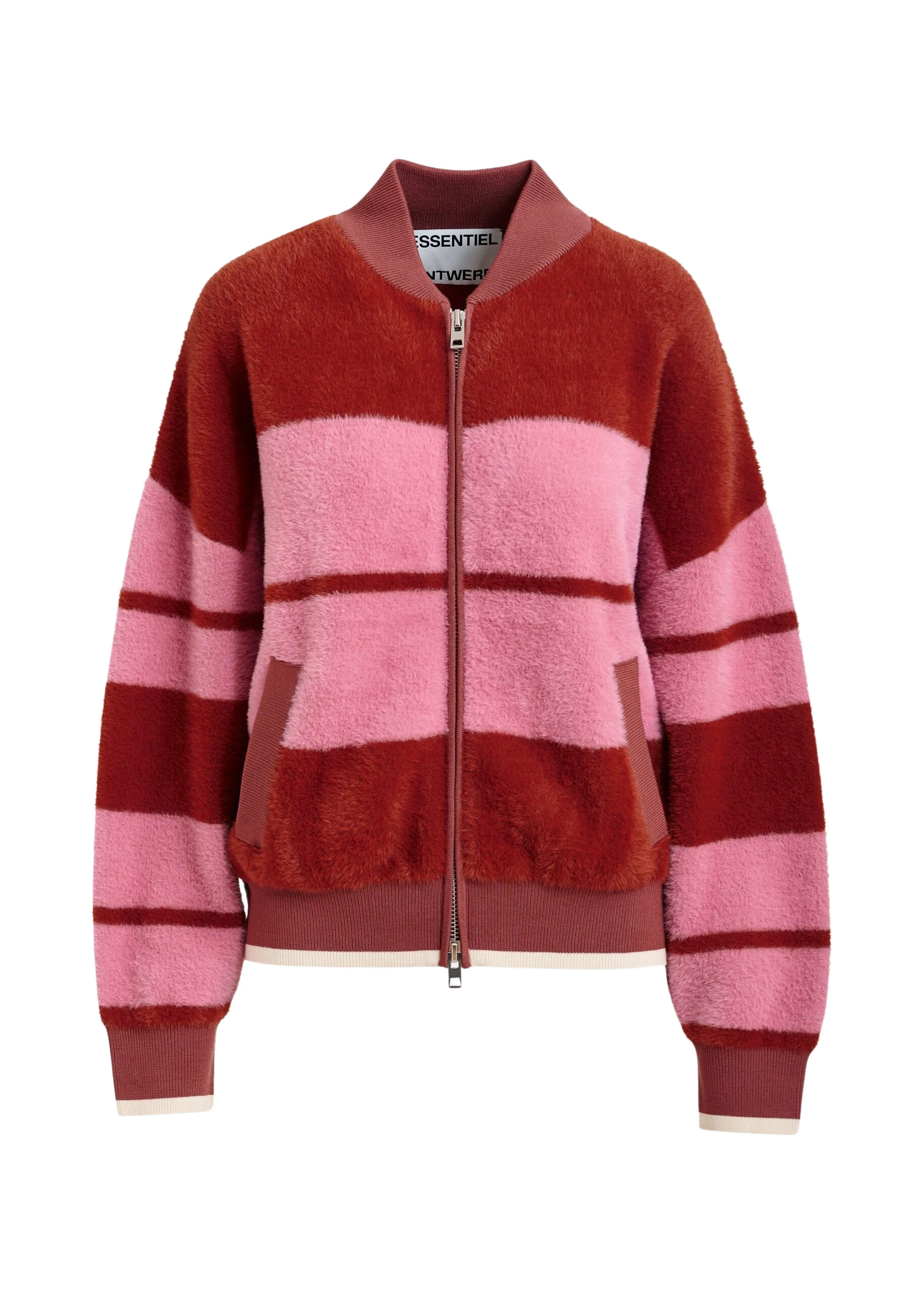 Essentiel-Antwerp-Burned-orange-and-pink-striped-knitted-bomber-jacket-scaled95420_nobg Burned orange and pink striped knitted bomber jacket