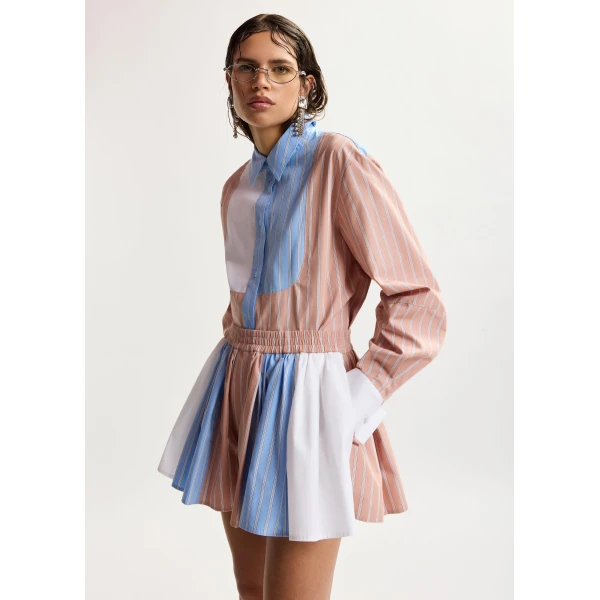 light blue and white oversized striped cotton shirt with contrast panel