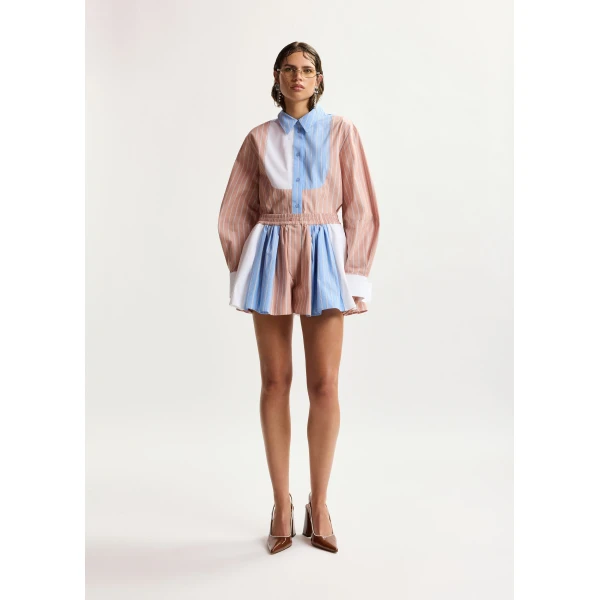 light blue and white striped cotton shorts with elasticated waistband