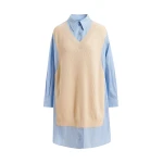 Cream and light blue knit-panel oversized shirt dress