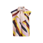 Cream and multicolor graphic sleeveless top with tie neckline
