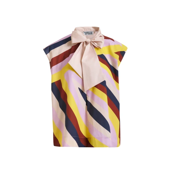 Cream and multicolor graphic sleeveless top with tie neckline