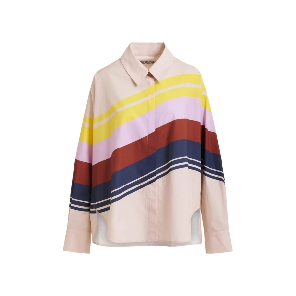 Cream and multicolor oversized cotton shirt with placed stripe print