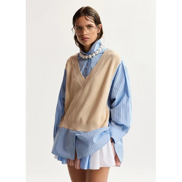 light blue and black knit-panel oversized shirt