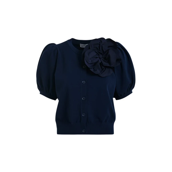 Dark blue fine knit cardigan with oversized flower brooch