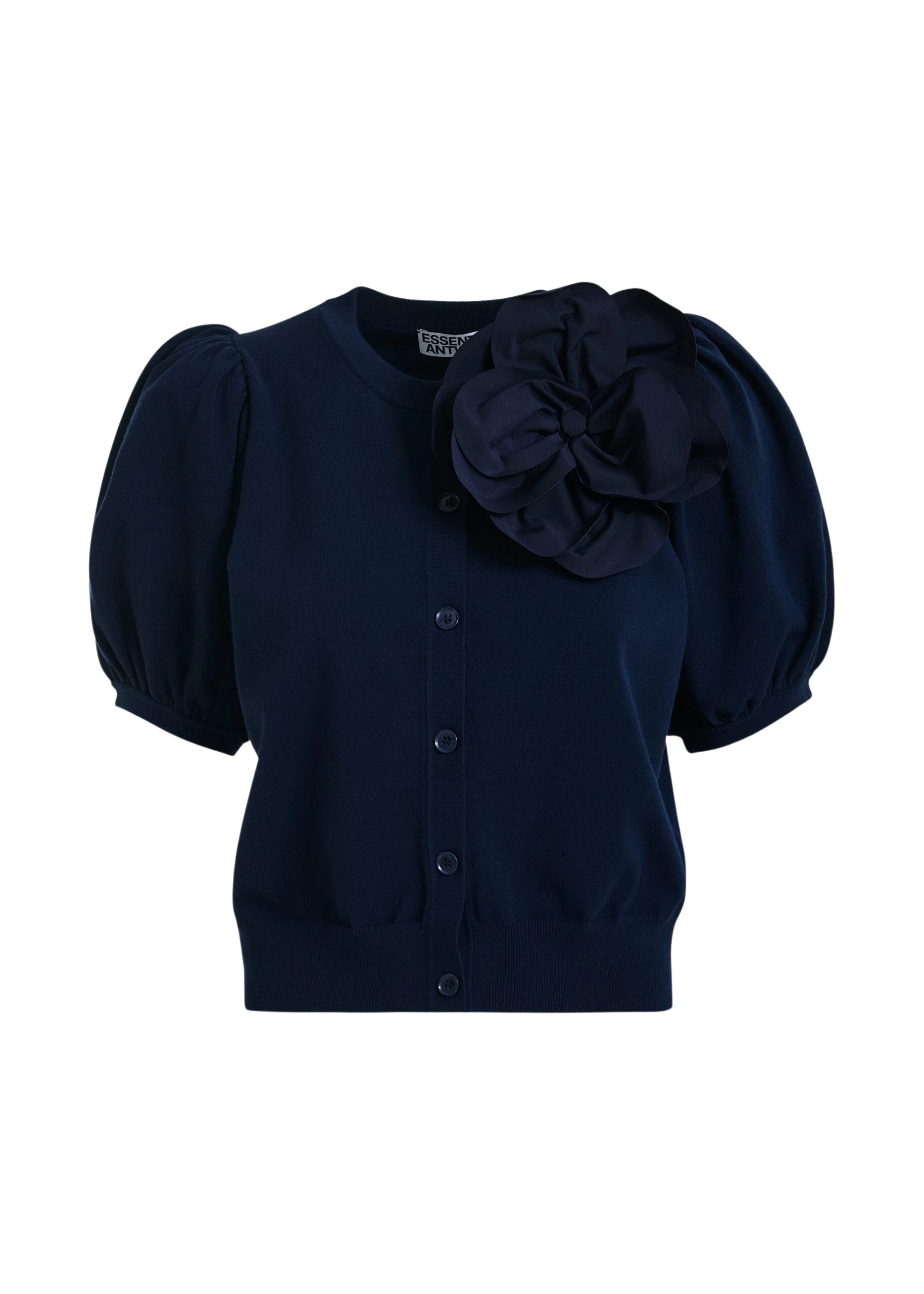 Essentiel-Antwerp-Dark-blue-fine-knit-cardigan-with-oversized-flower-brooch-scaled20742_nobg Dark blue fine knit cardigan with oversized flower brooch