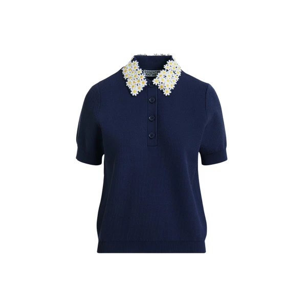 Dark blue fine knit polo top with white and yellow floral embellished collar