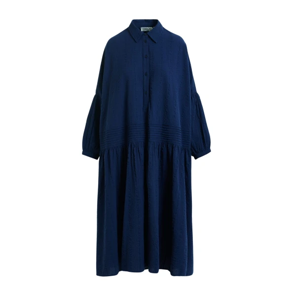 Dark blue shirt dress with pleated waist