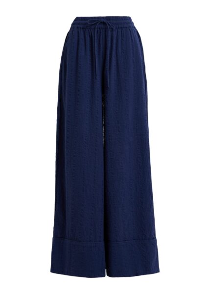 Dark blue wide-leg pants with contrast stitching