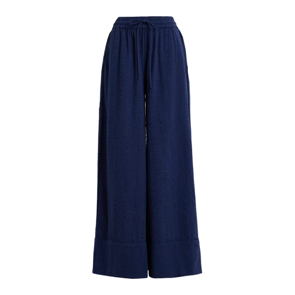 Dark blue wide-leg pants with contrast stitching