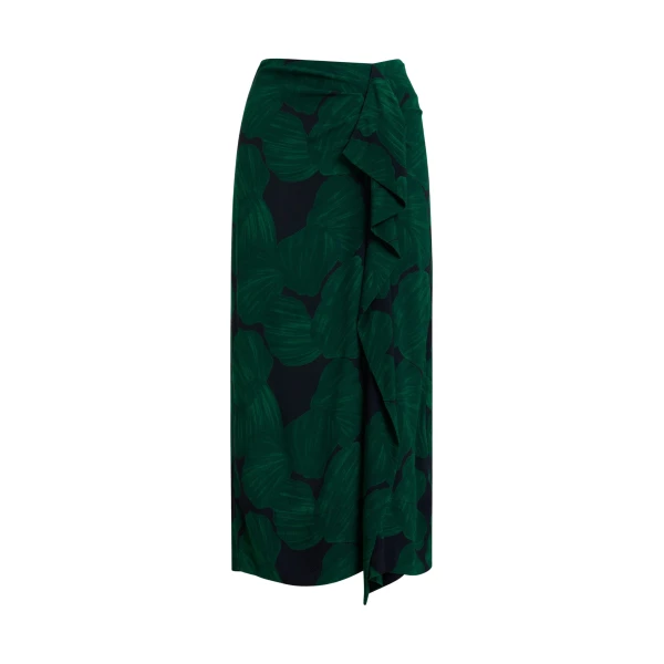 Dark green and black draped midi skirt with tropical print