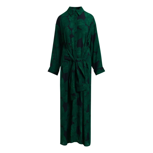 Dark green and black tropical print shirt dress with faux shirt sleeve detail