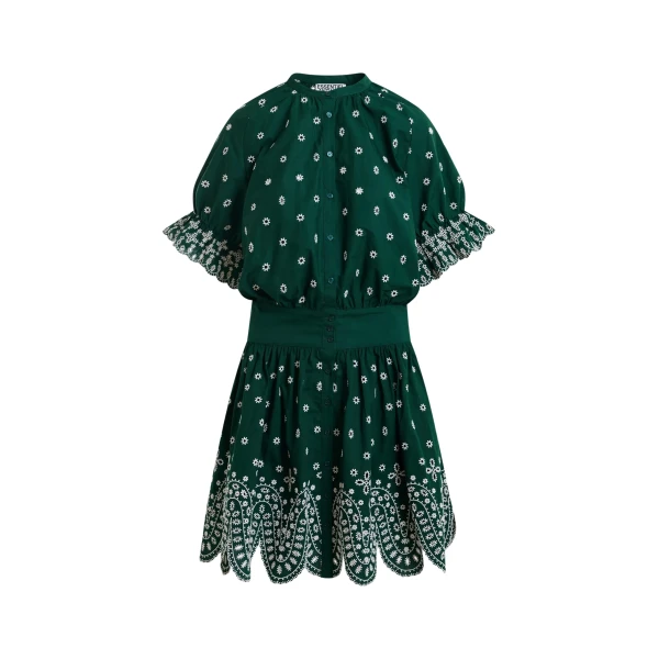 Dark green and white embroidered cotton mini dress with mandarin collar