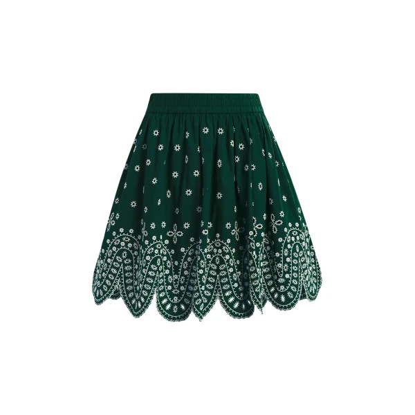 Dark green and white embroidered cotton skirt with scalloped hemline