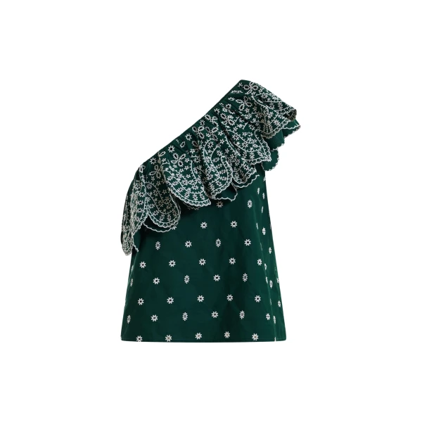 Dark green and white embroidered one-shoulder cotton top with ruffle detailing