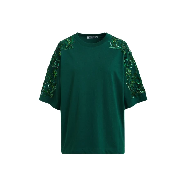 Dark green cotton T-shirt with floral sequin and bead-embellished embroidery