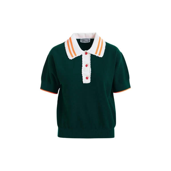 Dark green fine knit polo top with white and orange lace-trimmed collar and strawberry-shaped buttons
