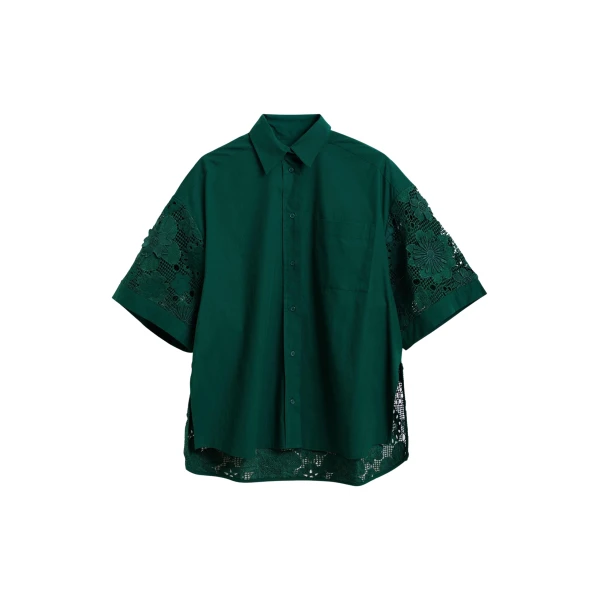 Dark green oversized cotton short-sleeve shirt with lace inserts