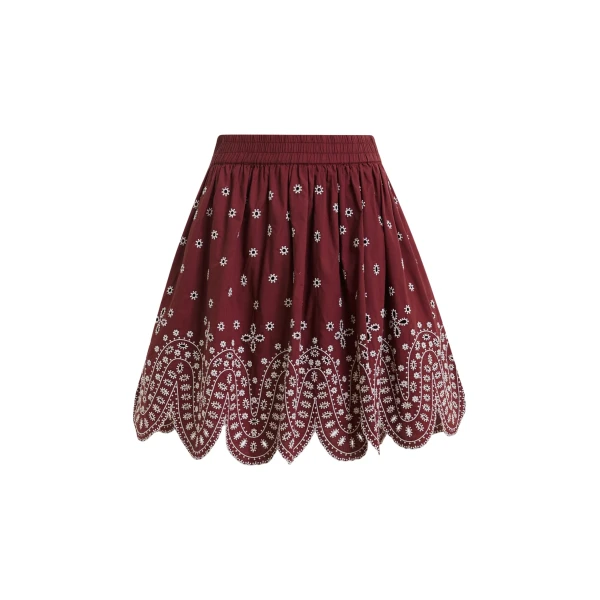 Dark red and white embroidered cotton skirt with scalloped hemline