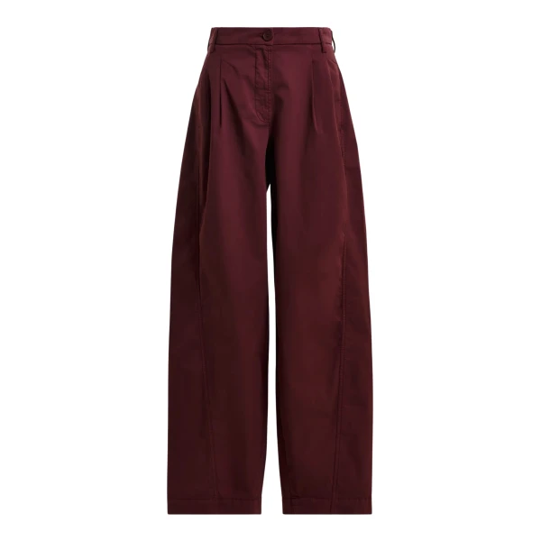 Dark red tapered cotton pants with twisted seams