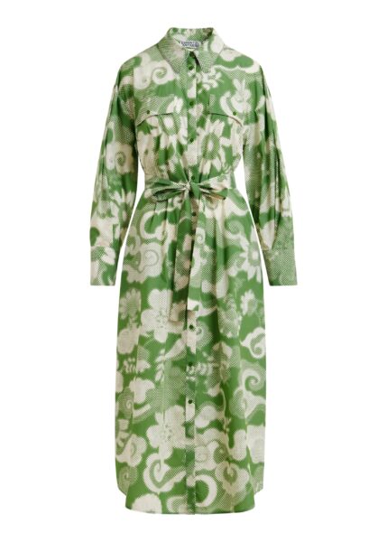 Green and cream cotton-blend floral-print shirt dress