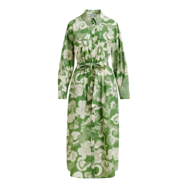 Green and cream cotton-blend floral-print shirt dress