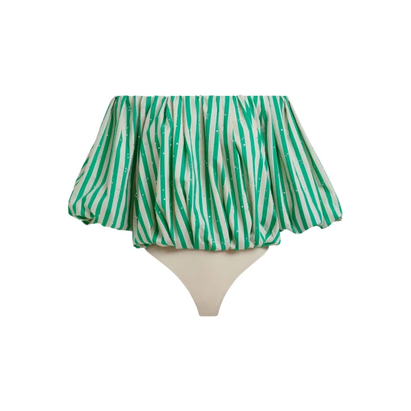 Green and cream gathered bodysuit with puffed sleeves