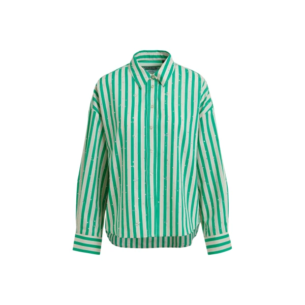 Green and cream striped cotton-blend shirt with rhinestone embellishments