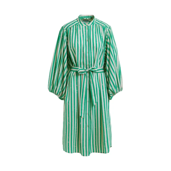 Green and cream striped midi-length dress with mandarin collar and rhinestone embellishments