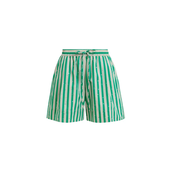 Green and cream striped shorts with rhinestone embellishments