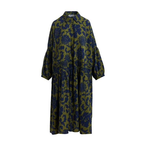 Green and dark blue floral print shirt dress with pleated waist