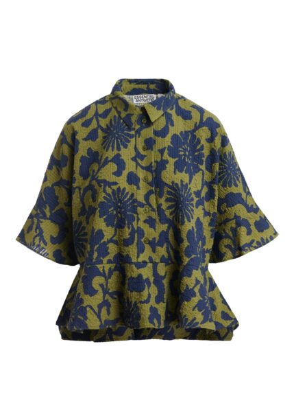 Green and dark blue peplum cotton shirt with contrasting collar