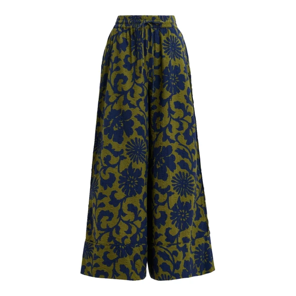 Green and dark blue wide-leg pants with contrast stitching