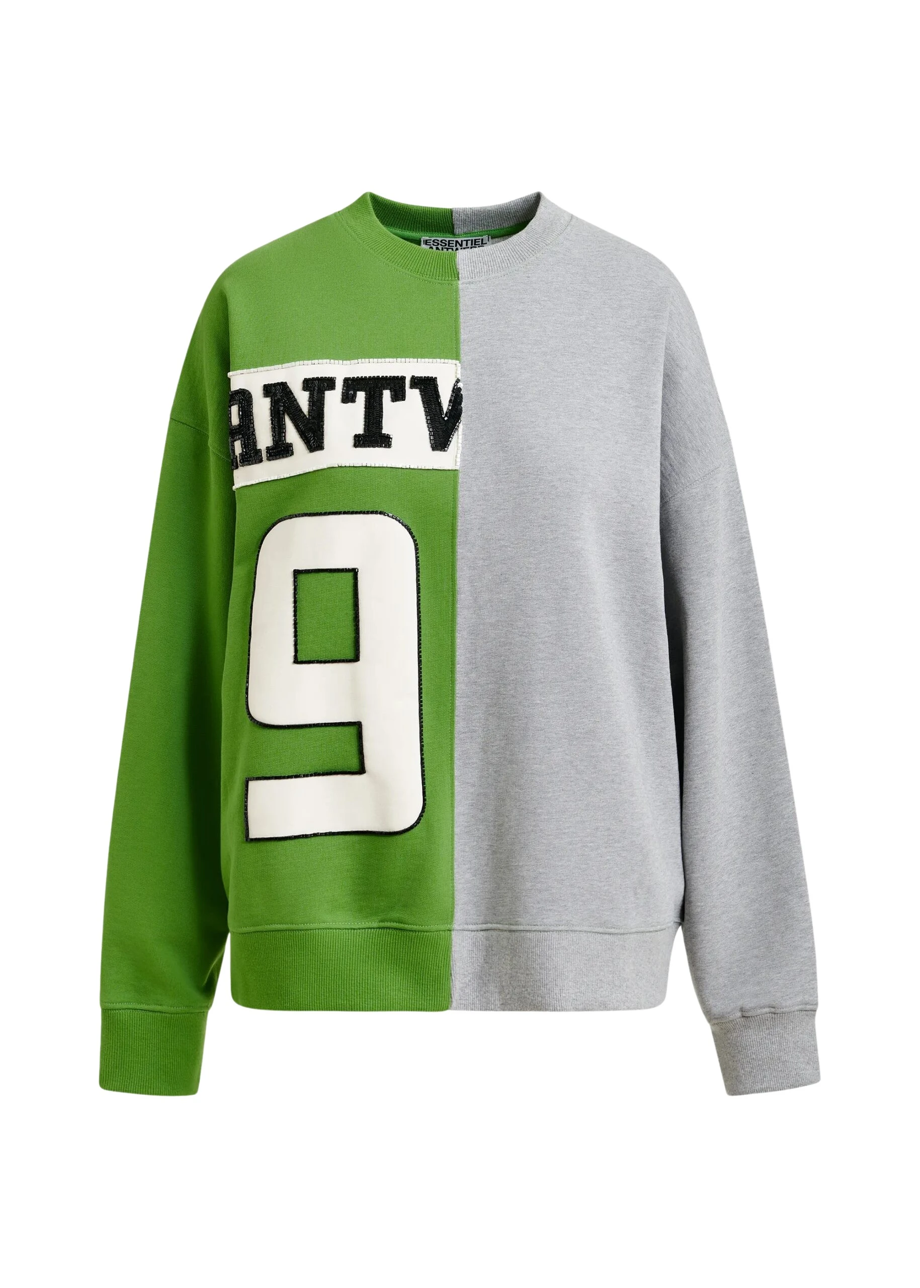 Essentiel-Antwerp-Green-and-grey-split-panel-appliqued-cotton-sweatshirt-scaled53636_nobg Green and grey split-panel appliquéd cotton sweatshirt