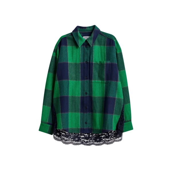 Green and navy wool-blend checked flannel with lace back panel
