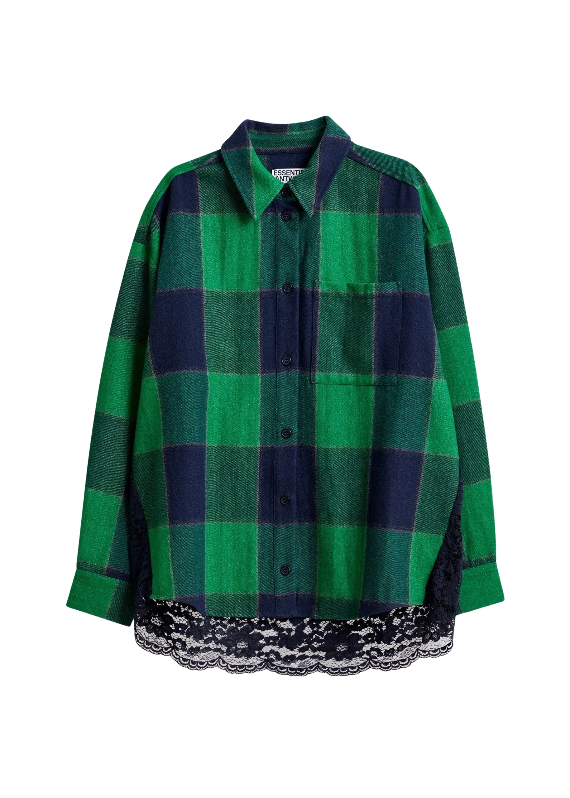 Essentiel-Antwerp-Green-and-navy-wool-blend-checked-flannel-with-lace-back-panel-scaled19994_nobg Green and navy wool-blend checked flannel with lace back panel