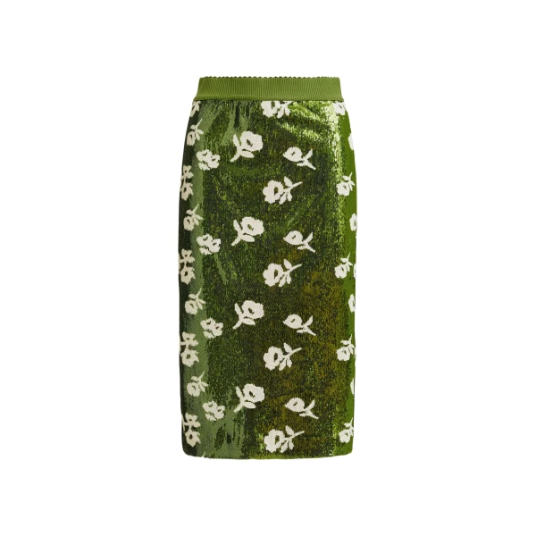 Green and off-white sequin-embellished pencil skirt
