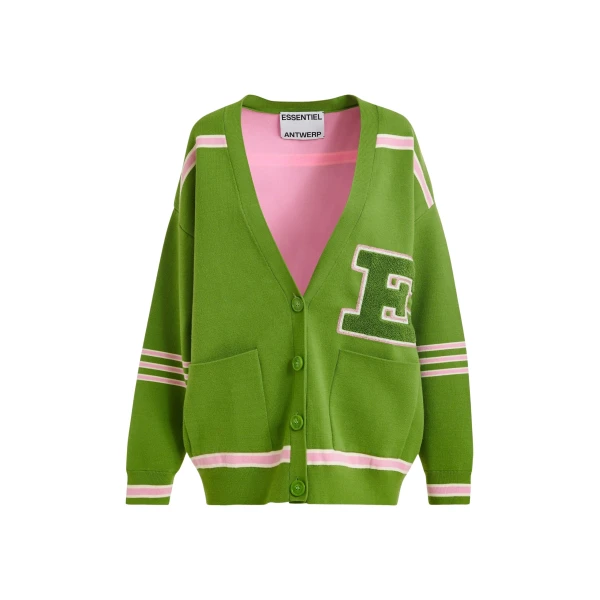 Green appliquéd cardigan with pink stripes