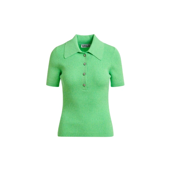 Green cotton-blend ribbed polo with rhinestone-encrusted buttons