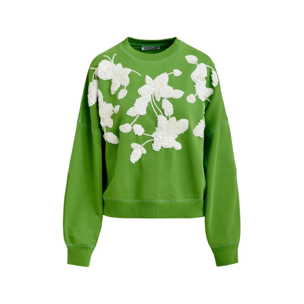 Green cotton sweatshirt with off-white floral sequin and bead-embellished embroidery