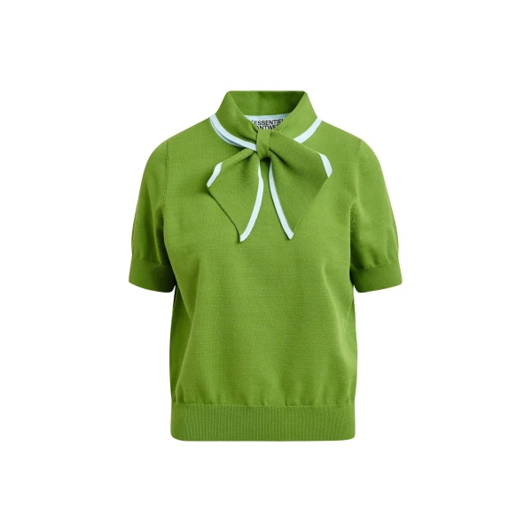 Green fine-knit polo with light blue scarf-like contrast collar