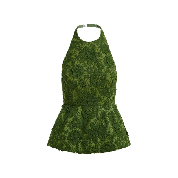Green floral lace halter peplum top