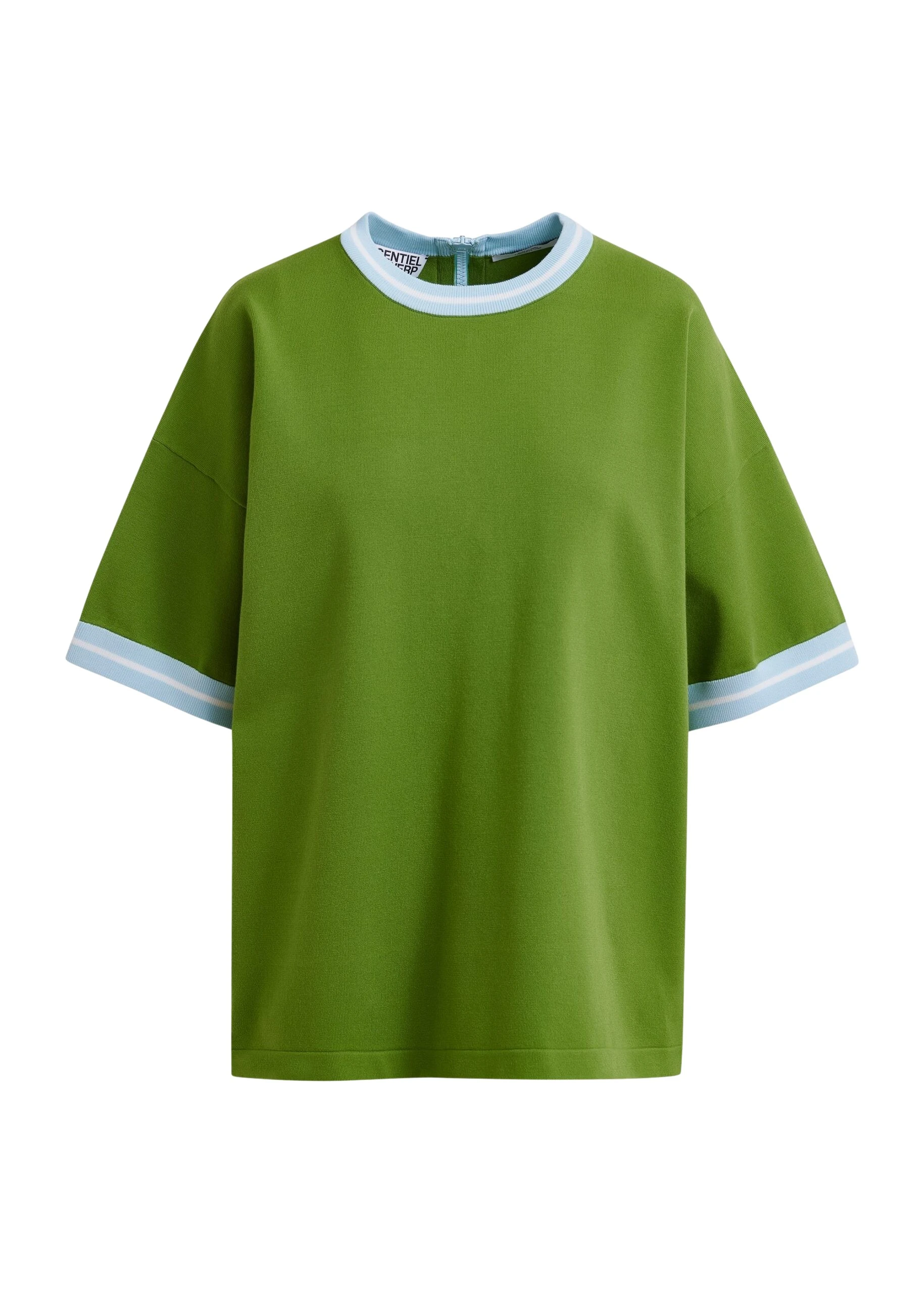 Essentiel-Antwerp-Green-knit-T-shirt-with-light-blue-contrasting-trim-scaled69929_nobg Green knit T-shirt with light blue contrasting trim