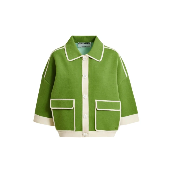 Green knit cardigan with flower buttons and off-white contrasting trims